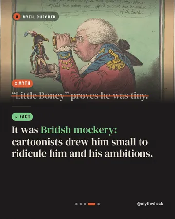 Instagram post: a Gillray cartoon of a king studying a tiny Napoleon, with “Myth: Little Boney proves he was tiny. Fact: it was British mockery”
