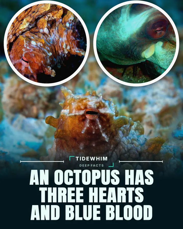 Carousel cover: two round close-ups of an octopus above a reef photo, and the headline “An octopus has three hearts and blue blood”