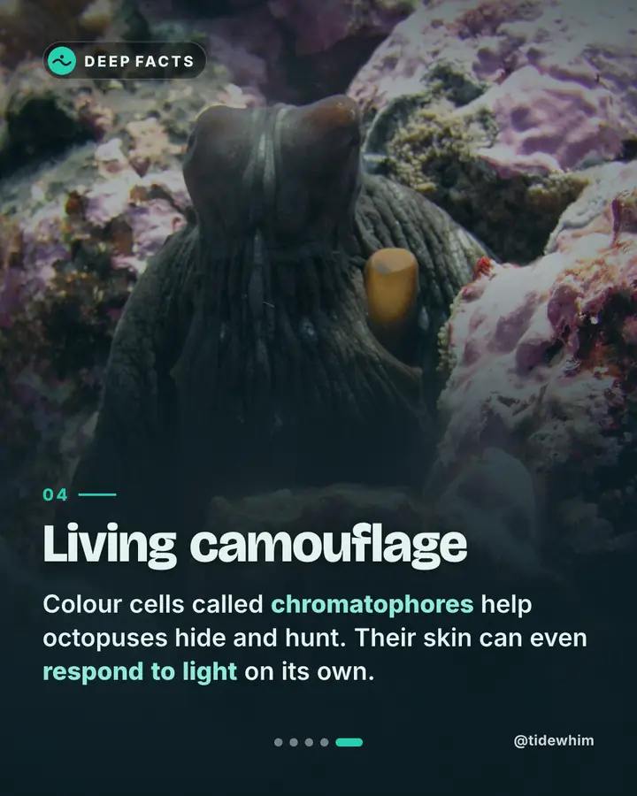 Slide 5, “Living camouflage”: colour cells called chromatophores help octopuses hide and hunt