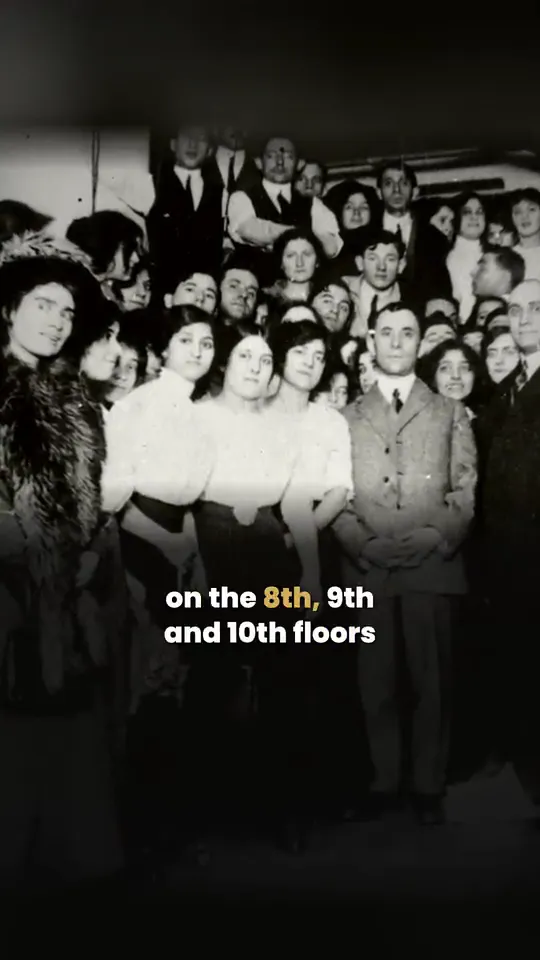 Still from a short history video: a 1911 photo of garment workers, with the subtitle “on the 8th, 9th and 10th floors”