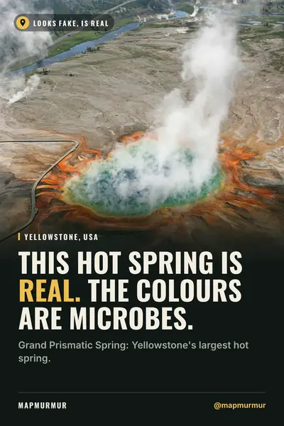 Pinterest pin over an aerial photo of a rainbow-coloured hot spring: “This hot spring is real. The colours are microbes.”