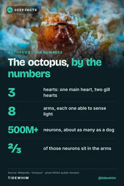 Pinterest pin with an octopus photo, “The octopus, by the numbers”: 3 hearts, 8 arms, 500M+ neurons, two-thirds of them in the arms