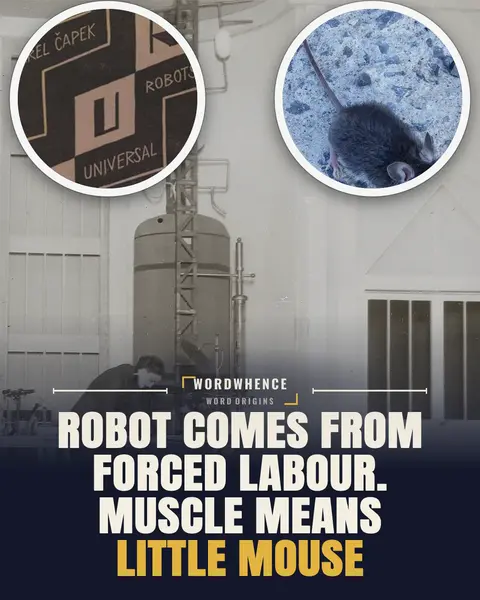 Carousel cover with round photos of a stage robot and a mouse: “Robot comes from forced labour. Muscle means little mouse.”