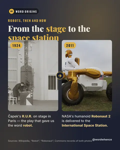 Then-and-now post: “From the stage to the space station”, a 1924 stage robot beside a 2011 NASA robot